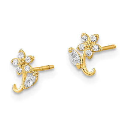 14k Yellow Gold Polished Flower Cubic Zirconia Stud Earrings Gift for Women