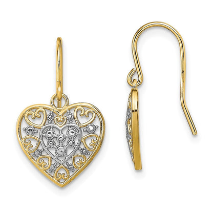 14k Yellow Gold Rhodium Polished Filigree Hearts Shepherd Hook Stud Earrings
