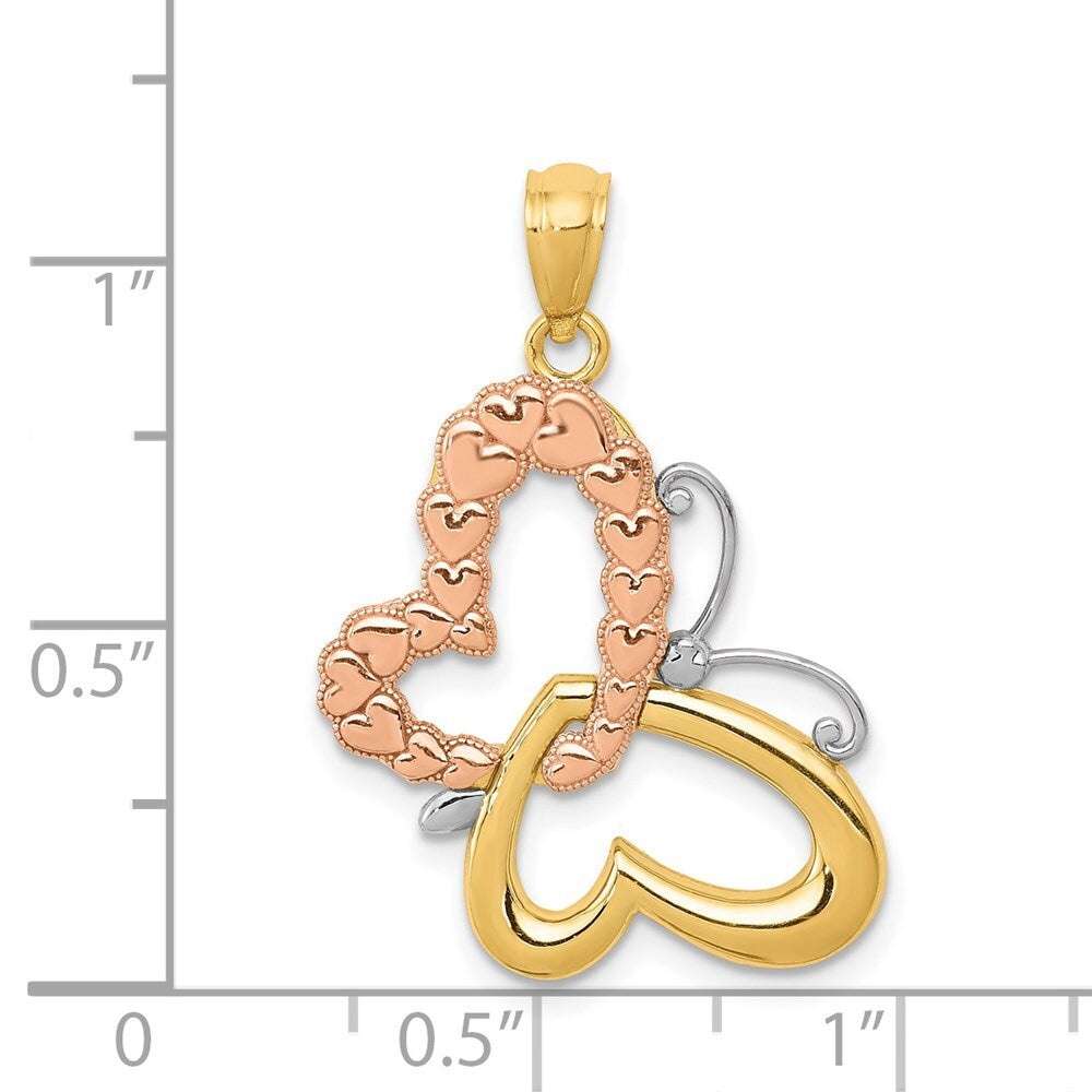 14k Two-tone Gold Gold White Rhodium Butterfly Hearts Pendant