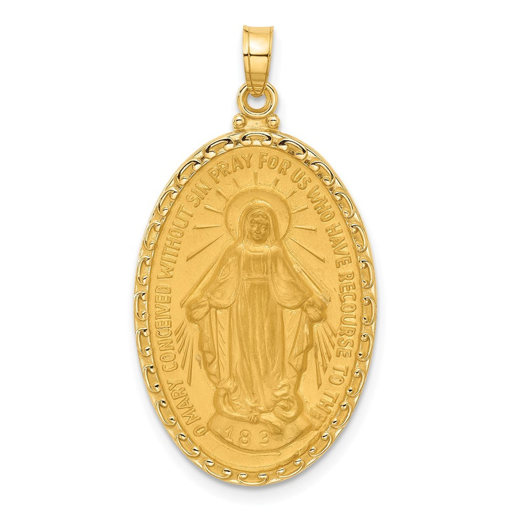 14k Yellow Gold Satin and Polished Miraculous Medal Solid Oval Pendant