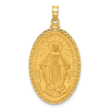 14k Yellow Gold Satin and Polished Miraculous Medal Solid Oval Pendant