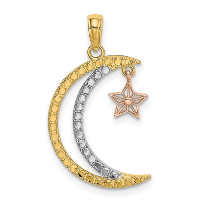 14k Two-tone Gold White Rhodium Moon Star Moveable Charm Pendant