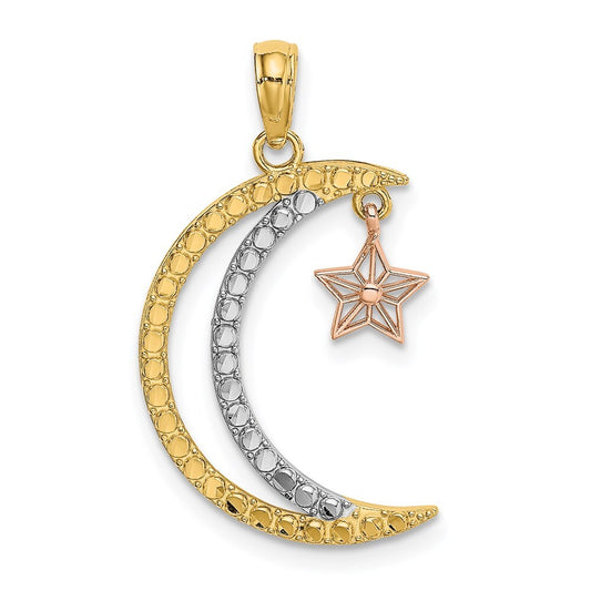 14k Two-tone Gold White Rhodium Moon Star Moveable Charm Pendant