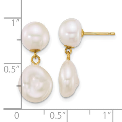 14k Yellow Gold Polished 7-10mm Freshwater Cultured Pearl Dangle Earrings