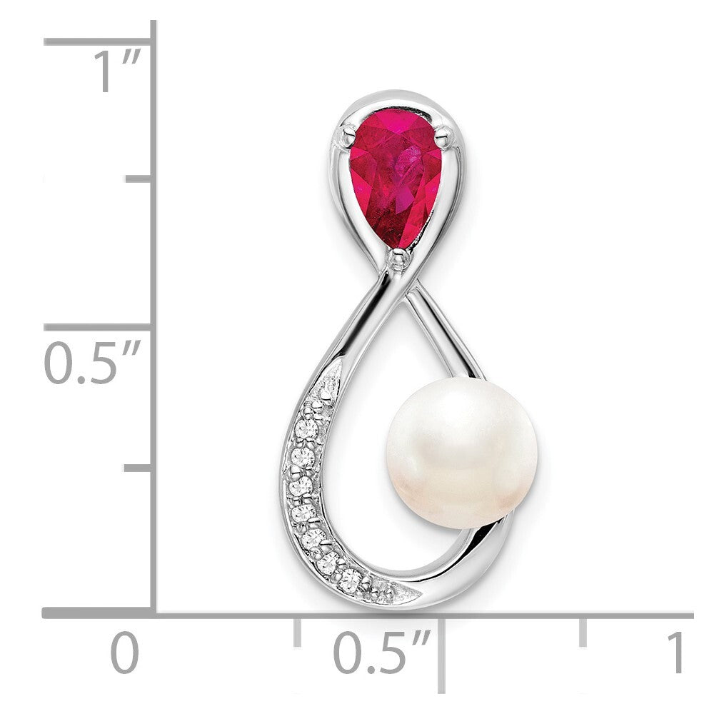 14k White Gold Ruby/FWC Pearl/Diamond Infinity Chain Slide Pendant for Women