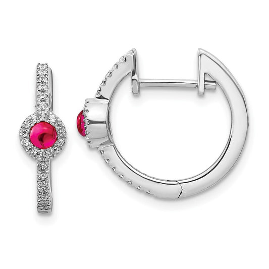 14k White Gold Diamond and Cabochon Ruby Hoop Earrings