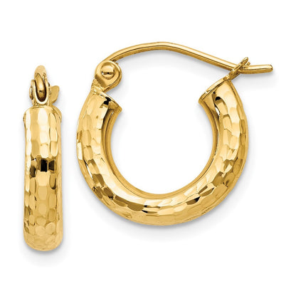 14k Yellow Gold Diamond-cut 3mm Round Hoop Earrings