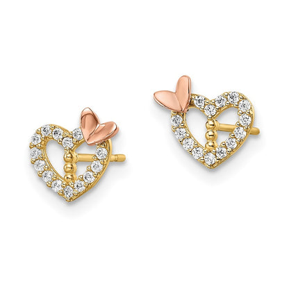 14k Two-tone Gold CZ Heart w/Butterfly Earrings
