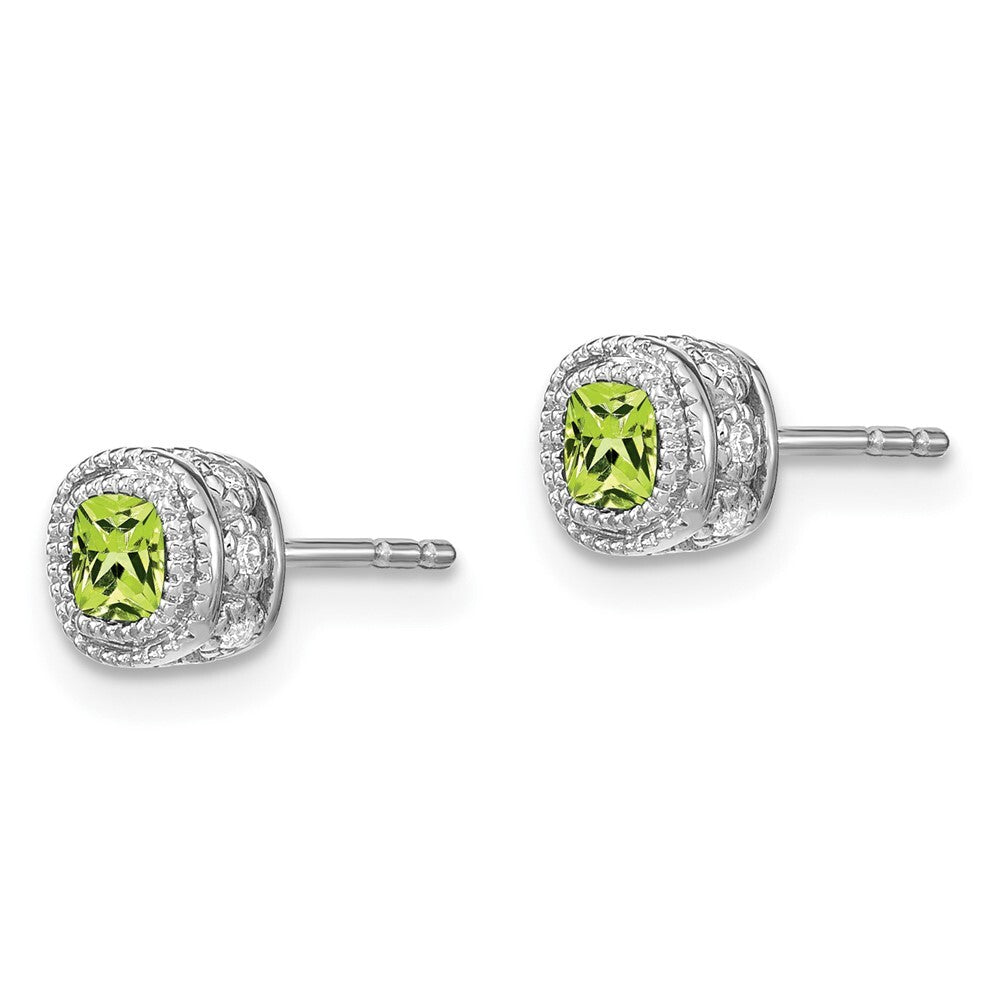 14k White Gold Cushion Peridot and Diamond Stud Earrings