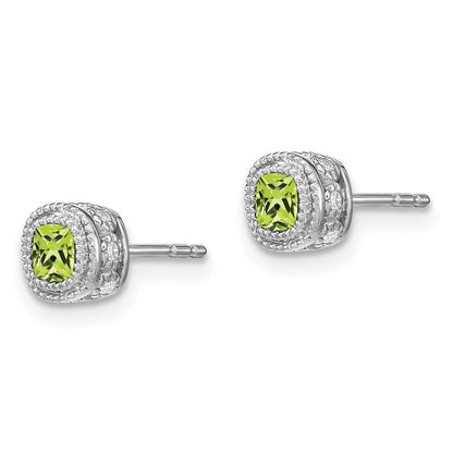 14k White Gold Cushion Peridot and Diamond Stud Earrings