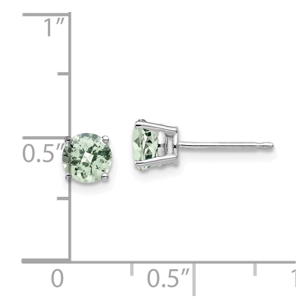 14k White Gold 5mm Round Checker-Cut Green Quartz Stud Earrings Gift for Women