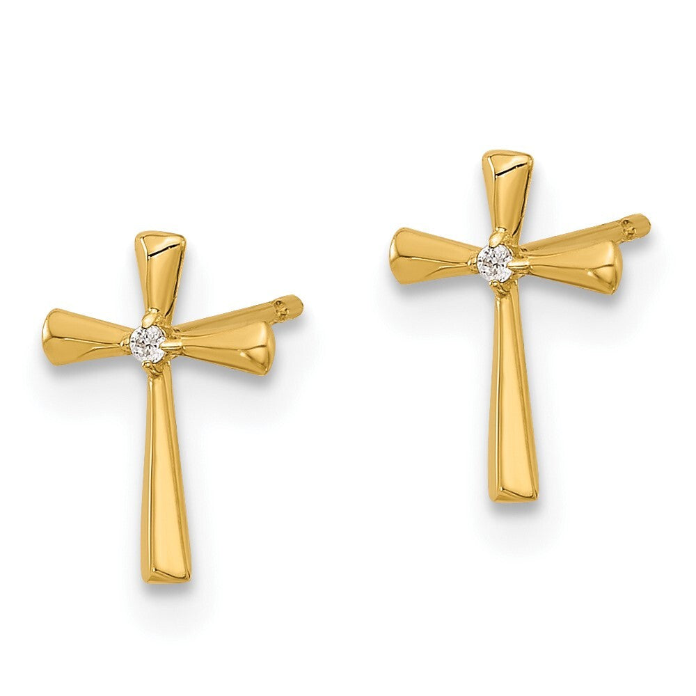 14k Yellow Gold Polished Cubic Zirconia Cross Stud Earrings Gift for Women
