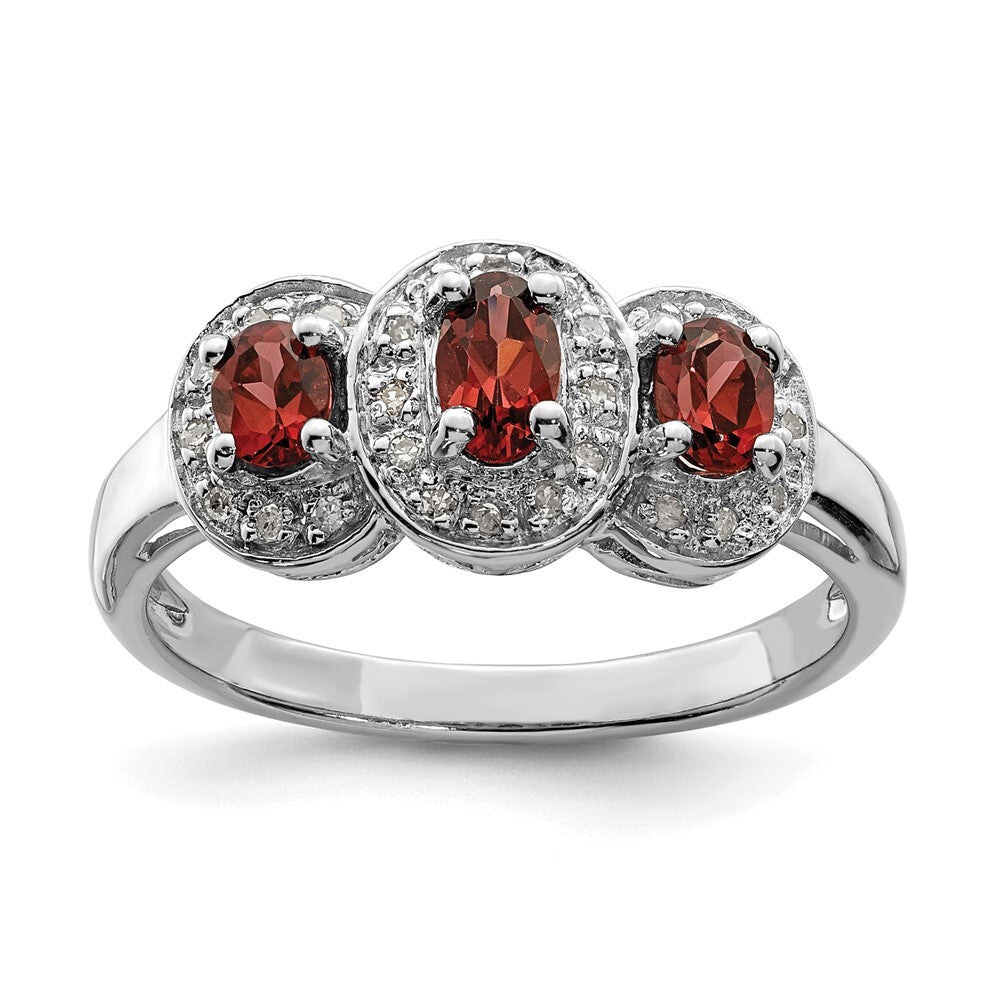 Sterling Silver Rhodium-plated 3 Stone Garnet & Diamond Ring Size 7