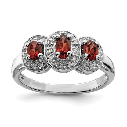 Sterling Silver Rhodium-plated 3 Stone Garnet & Diamond Ring Size 7