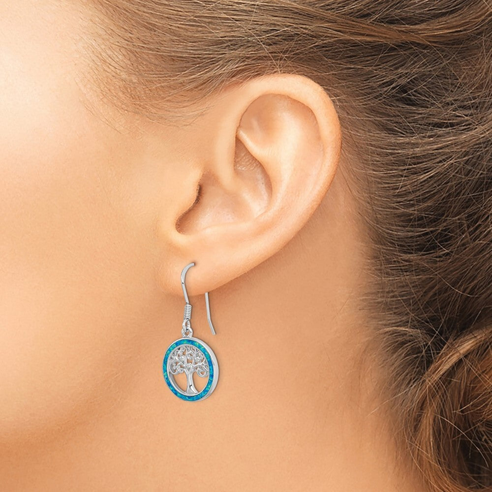 Sterling Silver Rhodium-plated Creat Blue Opal Tree Dangle Earrings