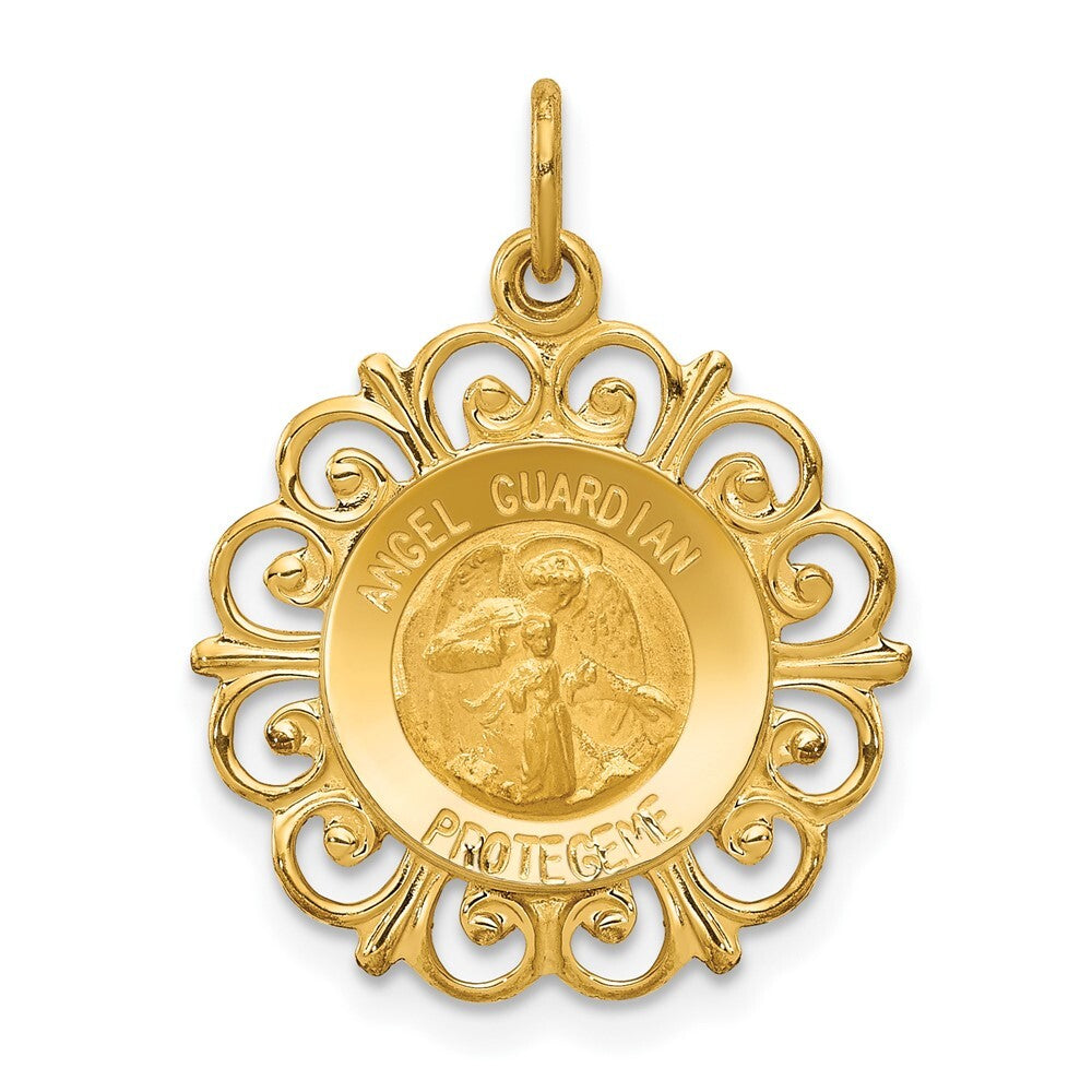 14k Yellow Gold Polished/Satin Spanish Guardian Angel Medal Hollow Pendant