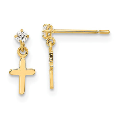 14k Yellow Gold Childrens Cubic Zirconia Cross Dangle Earrings Gift for Women