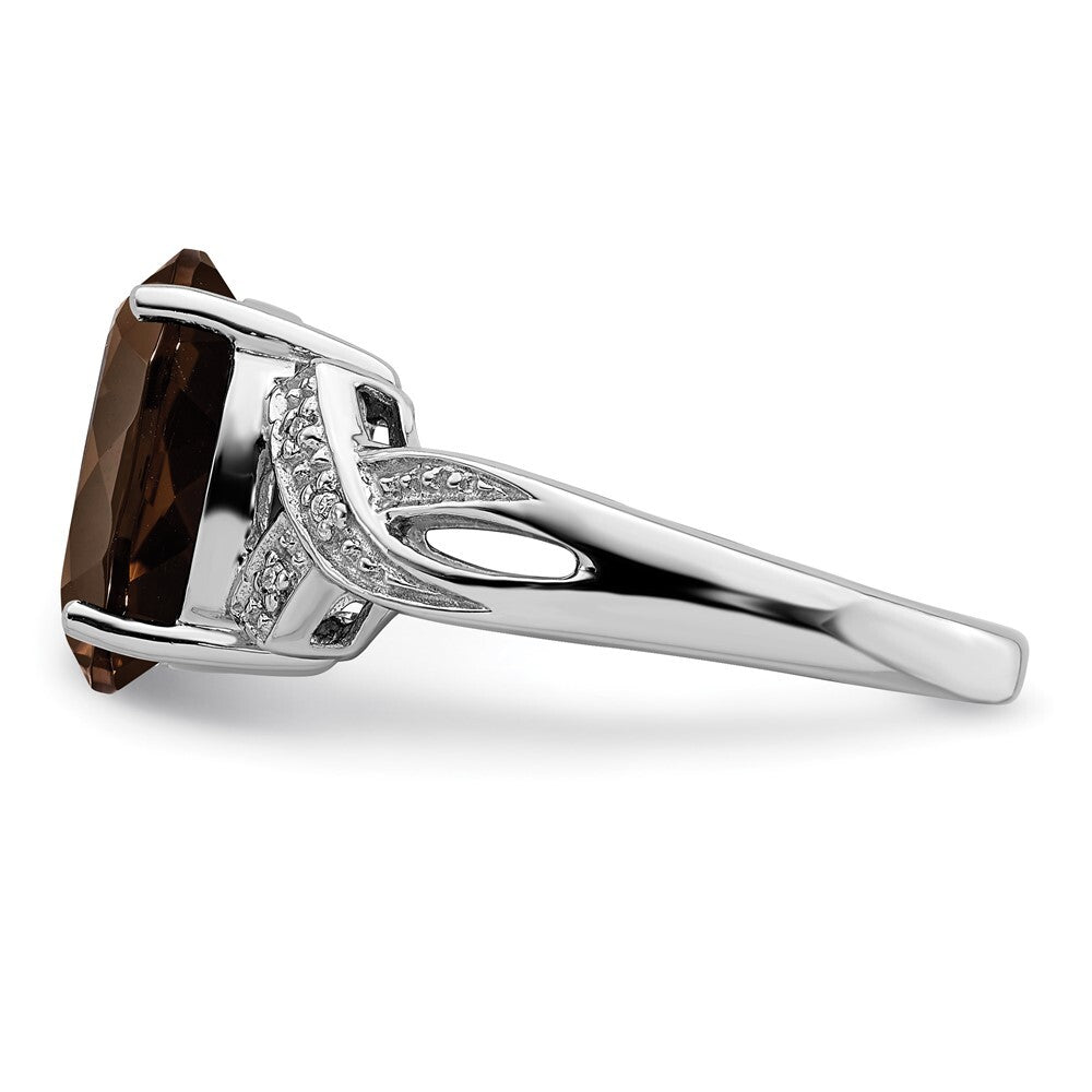 Sterling Silver Rhodium Smoky Quartz Diamond Ring Size 6