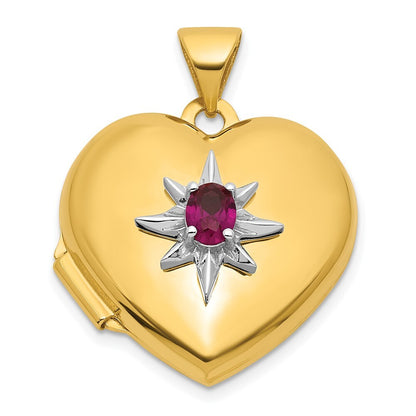 14k Yellow Gold White Rhodium Polished Lab Created Ruby 18mm Heart Locket