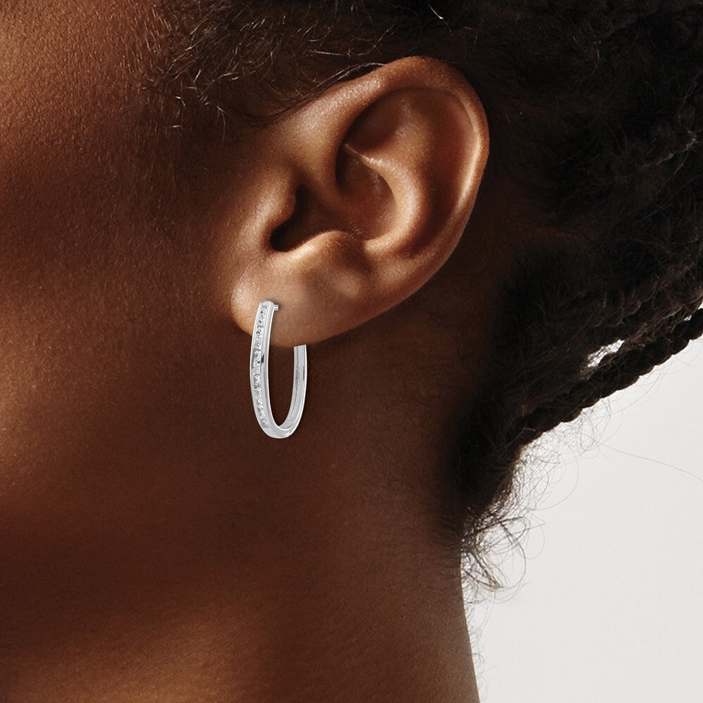 14k White Gold Diamond Oval Hinged Hoop Earrings