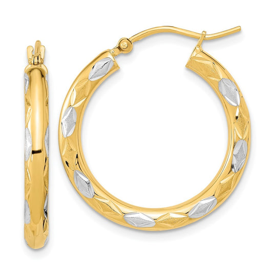 14k Yellow Gold White Rhodium Polished Satin and Diamond-cut Hoop Earrings