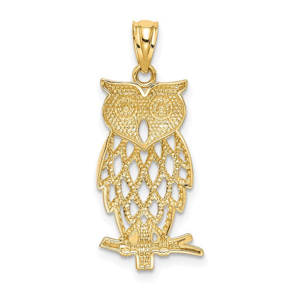 14k Yellow Gold Rhodium Diamond Cut Owl Pendant for Women