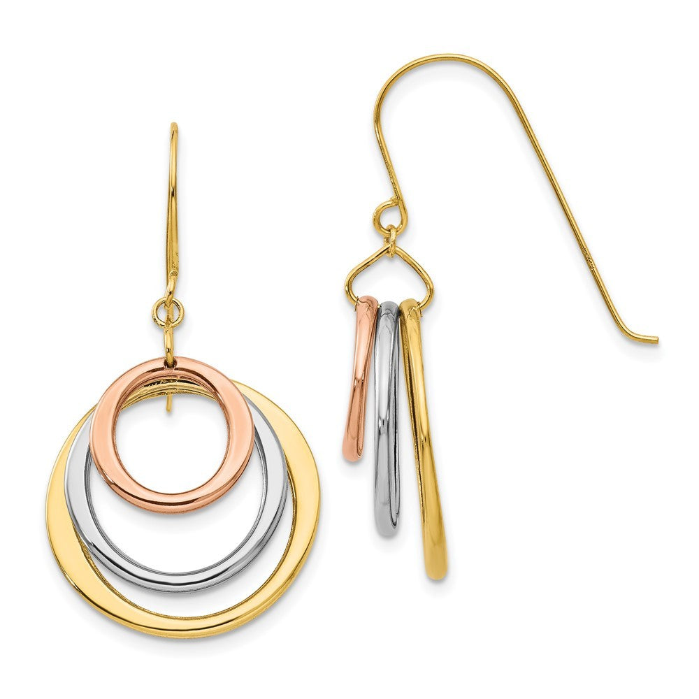 14K Tri-color Circle Drop Dangle Earrings w/ Shepherd Hook