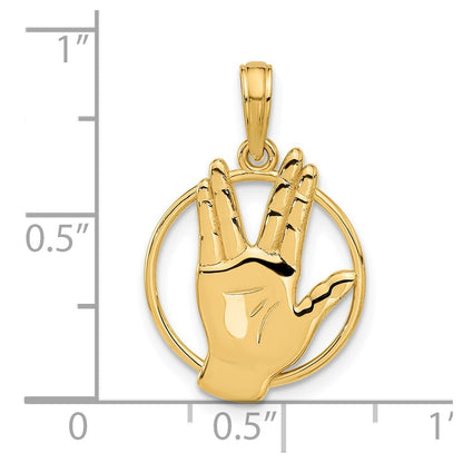 14k Yellow Gold Polished Hand Gesture in Circle Charm Pendant for Women