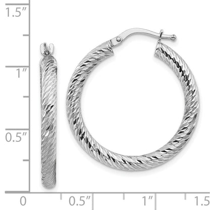 14k White Gold 3x20mm Diamond-cut Round Hoop Earrings