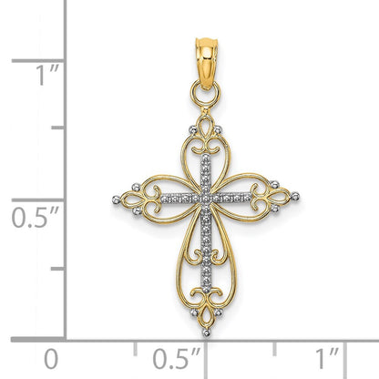 14k Yellow Gold  Rhodium Beaded Cross Charm Pendant for Women