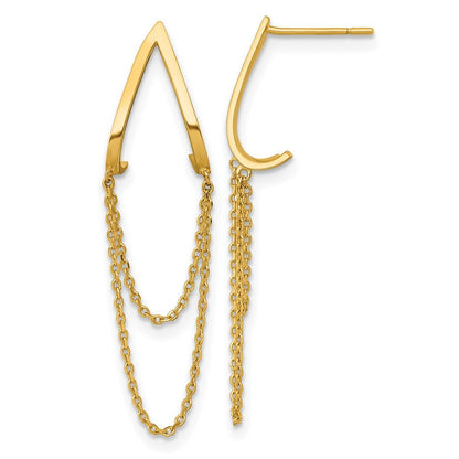 14k Yellow Gold Polished V Design with Dangle Chains Earrings