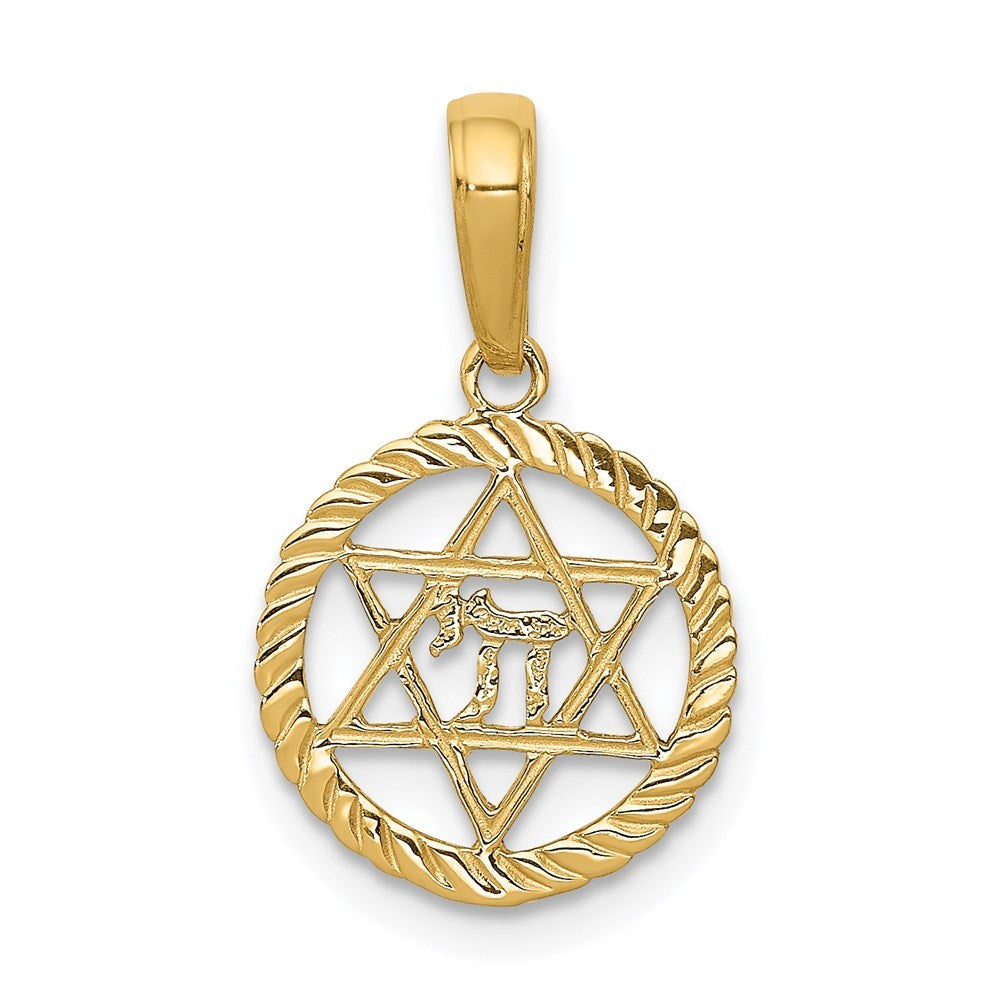 14k Yellow Gold Star of David and Chai in Circle Pendant