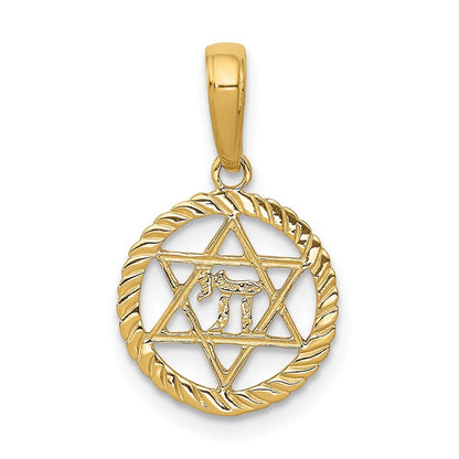 14k Yellow Gold Star of David and Chai in Circle Pendant