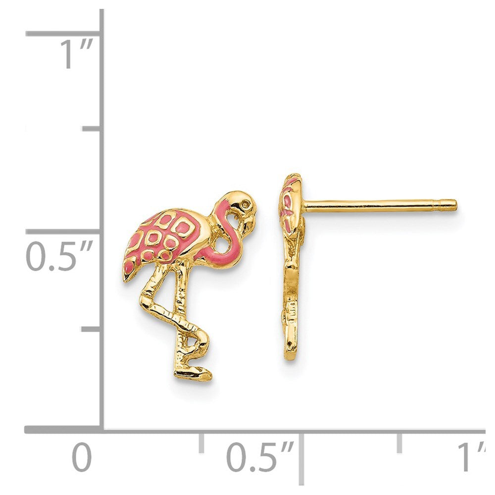 14k Yellow Gold Pink Enameled Flamingo Stud Earrings Gift for Women
