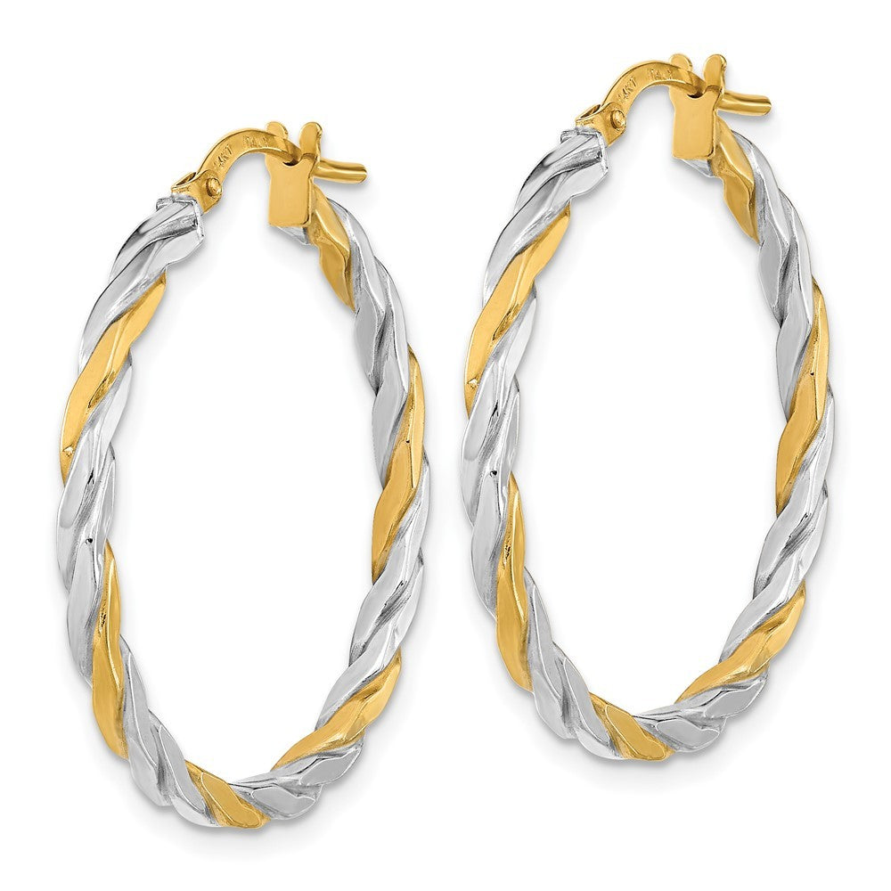 14k Yellow Gold & White Rhodium Polished & Twist Hoop Earrings