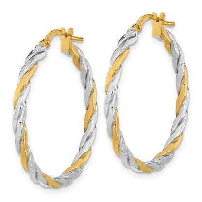 14k Yellow Gold & White Rhodium Polished & Twist Hoop Earrings
