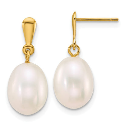 14k Yellow Gold Polished 8-9mm Rice Freshwater Cultured Pearl Dangle Earrings