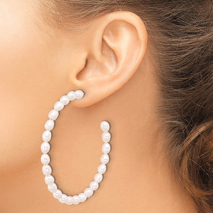 Sterling Silver 5-6mm Rice Freshwater Cultured Pearl C-Hoop Earrings