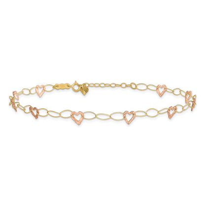 14k Two-tone Hammered Open Hearts and Oval Link 10" Anklet
