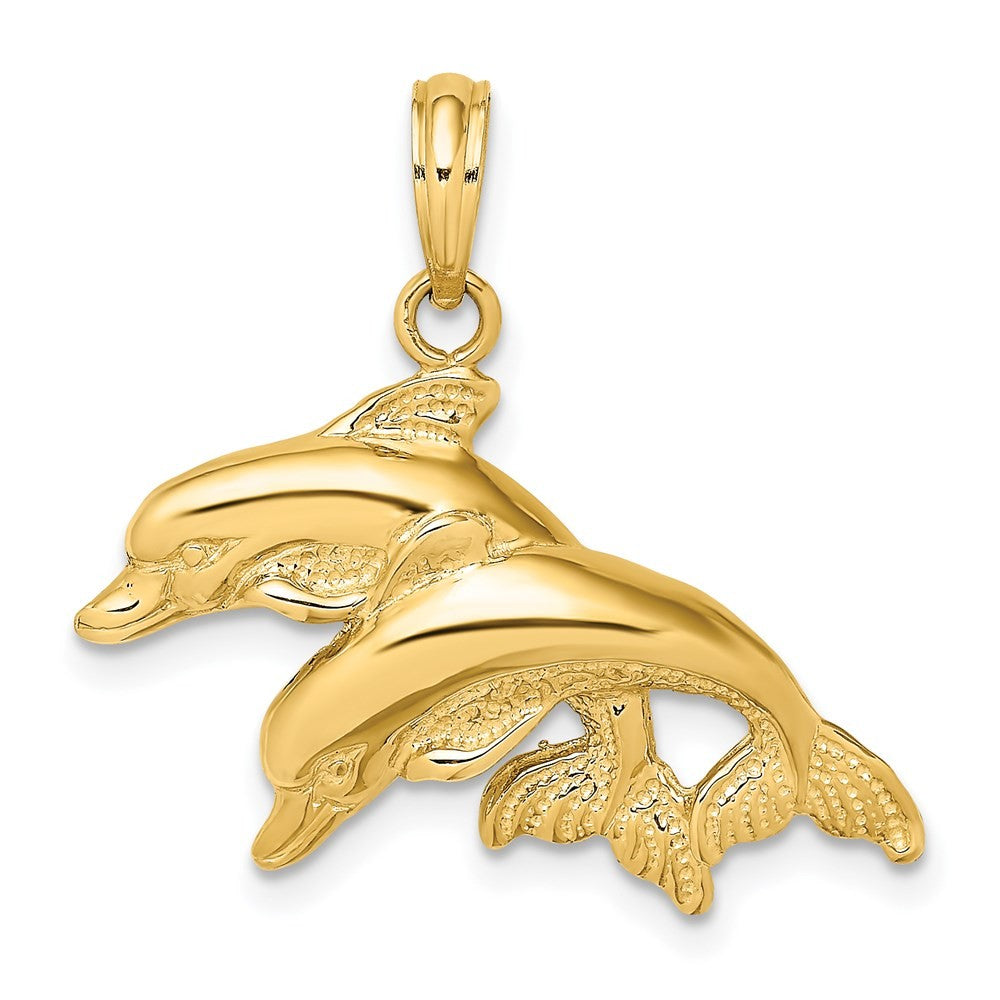 14k Yellow Gold 2-D Polished /Engraved Double Dolphins Charm Pendant