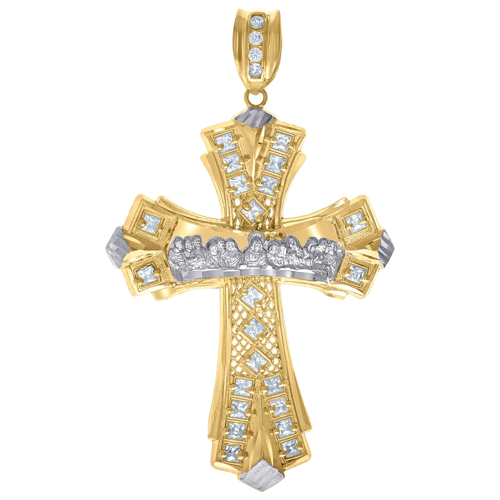 10k Two-Tone Gold Princess Cut CZ Religious Cross Last Supper Pendant