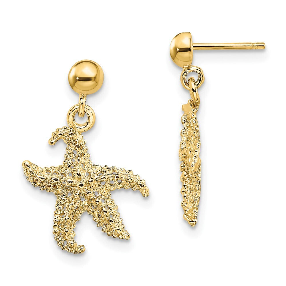 14k Yellow Gold 3D Starfish Dangle Earrings Gift for Women