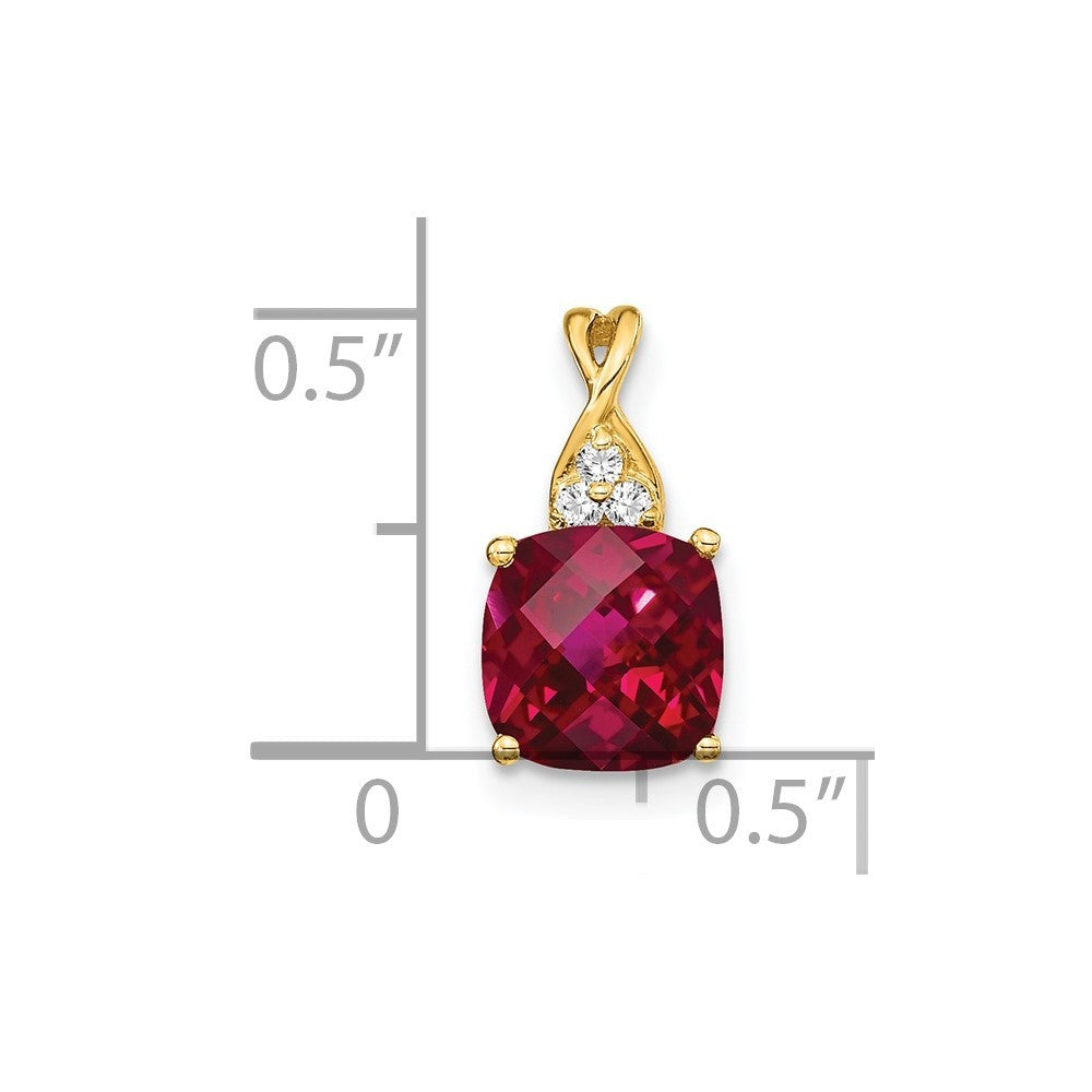14k Yellow Gold Checkerboard Created Ruby and Diamond Pendant