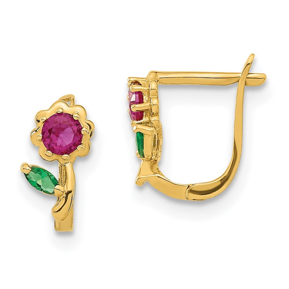 14k Yellow Gold Polished Red & Green Cubic Zirconia Flower Hoops Gift for Women
