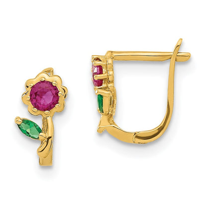 14k Yellow Gold Polished Red & Green Cubic Zirconia Flower Hoops Gift for Women