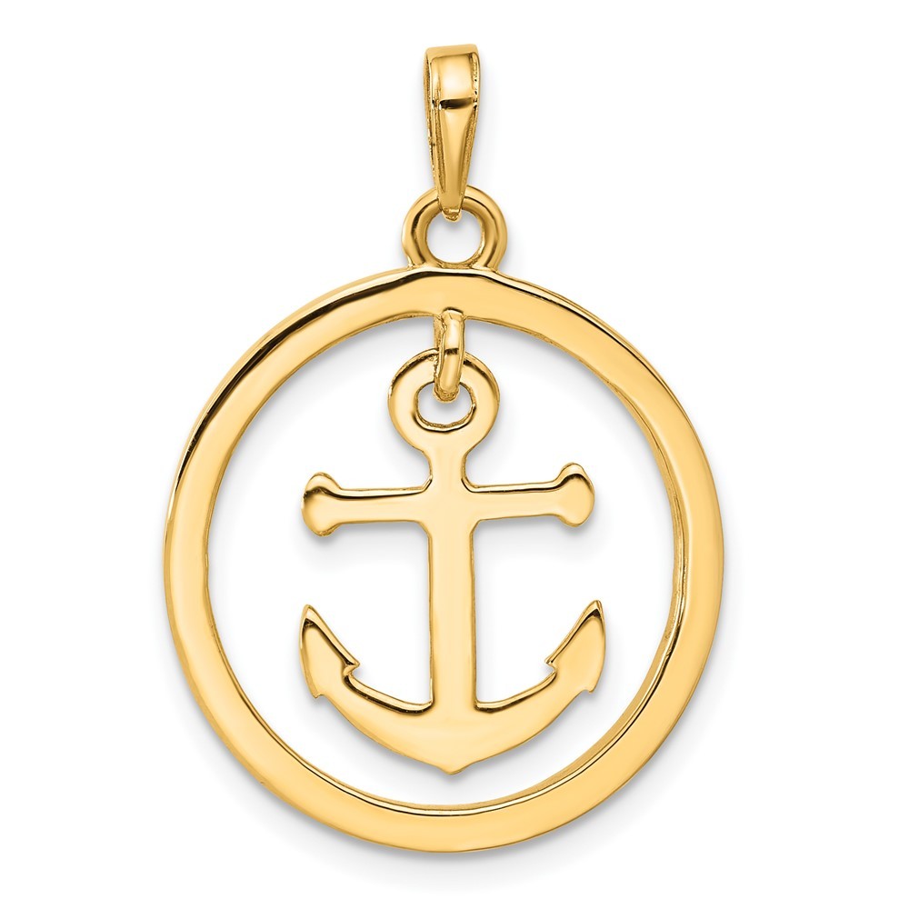 14k Yellow Gold and White Rhodium Diamond-Cut Anchor Dangle in Circle Pendant