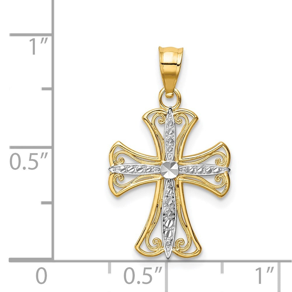 14k Yellow Gold w/Rhodium Diamond-cut Cross Pendant