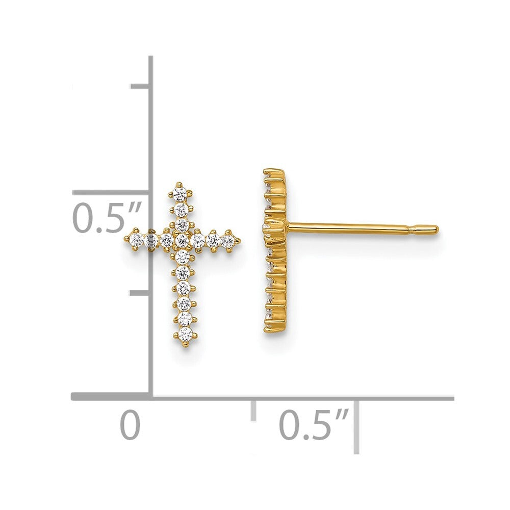 14k Yellow Gold Polished Cubic Zirconia Cross Stud Earrings Gift for Women