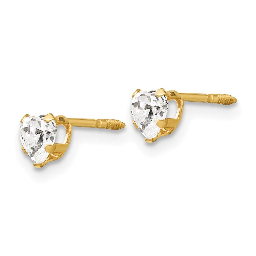 14k Yellow Gold 4mm White Cubic Zirconia Heart Stud Earrings Gift for Women