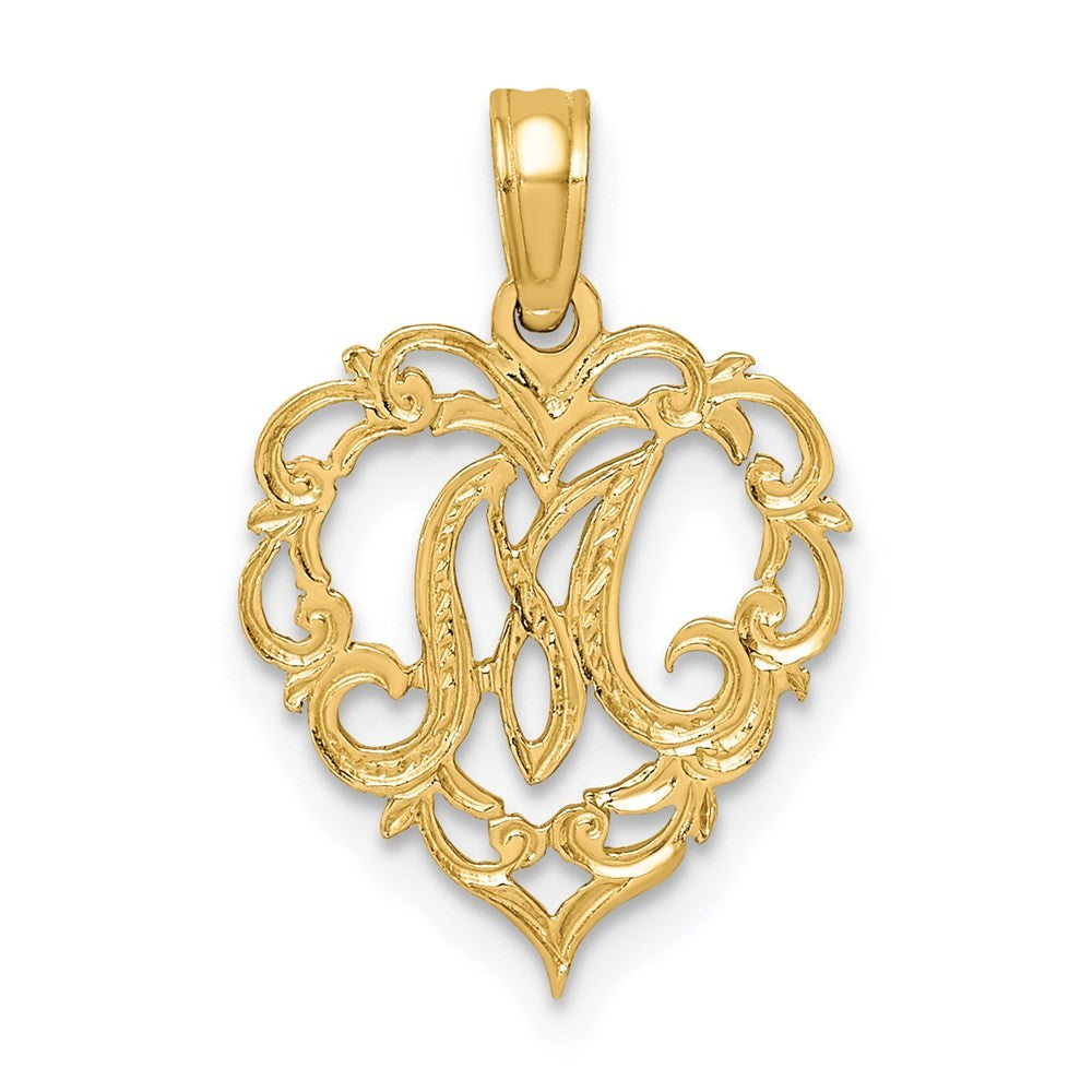 14k Yellow Gold Heart Script Letter M Initial Charm